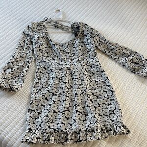 Floral Black and White Dress with Ruffle Hem